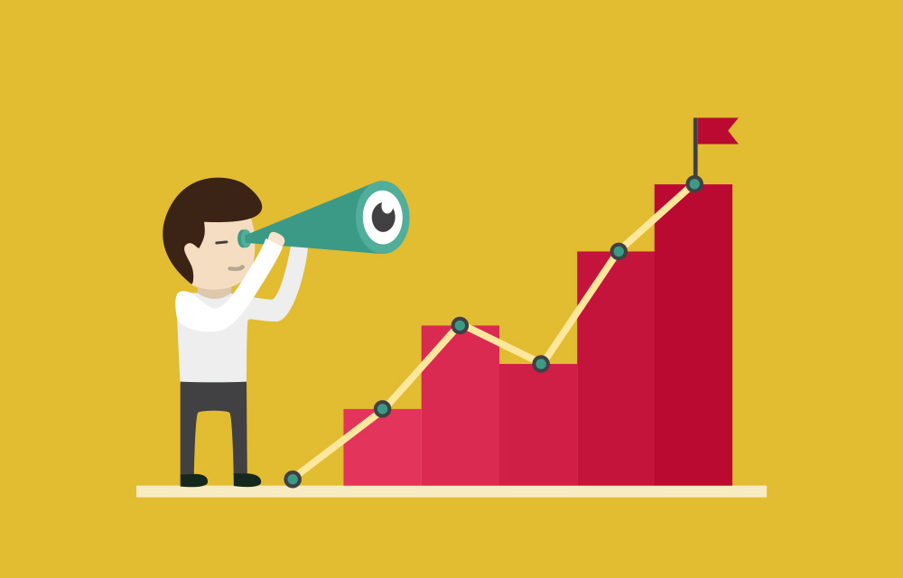 A man using binoculars to see the point of success mapped out on a graph